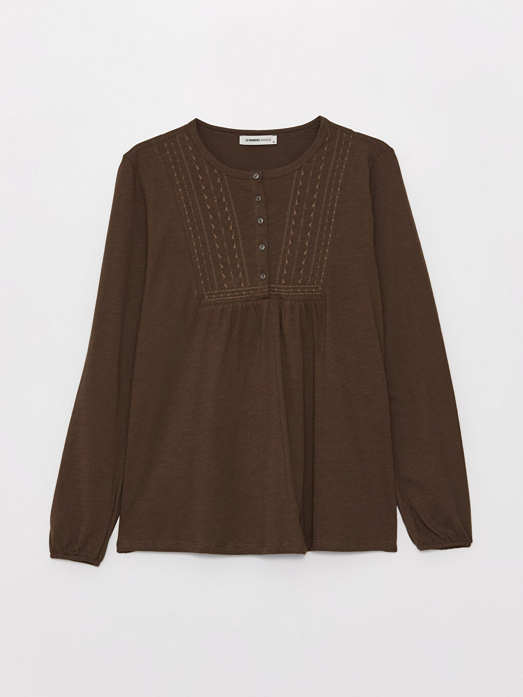 Haki Bisiklet Yaka Nakışlı Uzun Kollu Kadın Bluz