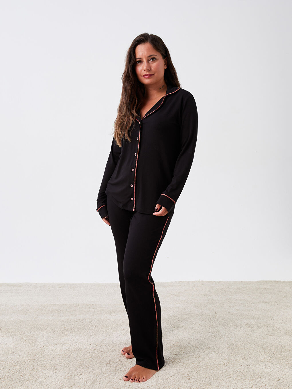 طقم بيجاما للسيدات بياقة قميص سادة بأكمام طويلة Petite-3