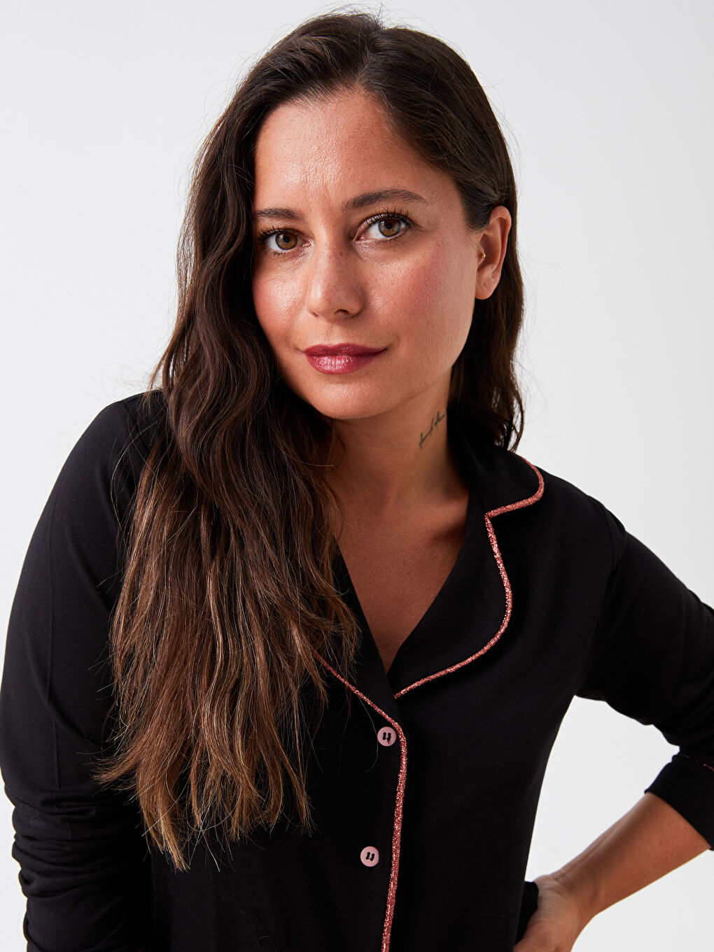 طقم بيجاما للسيدات بياقة قميص سادة بأكمام طويلة Petite-4