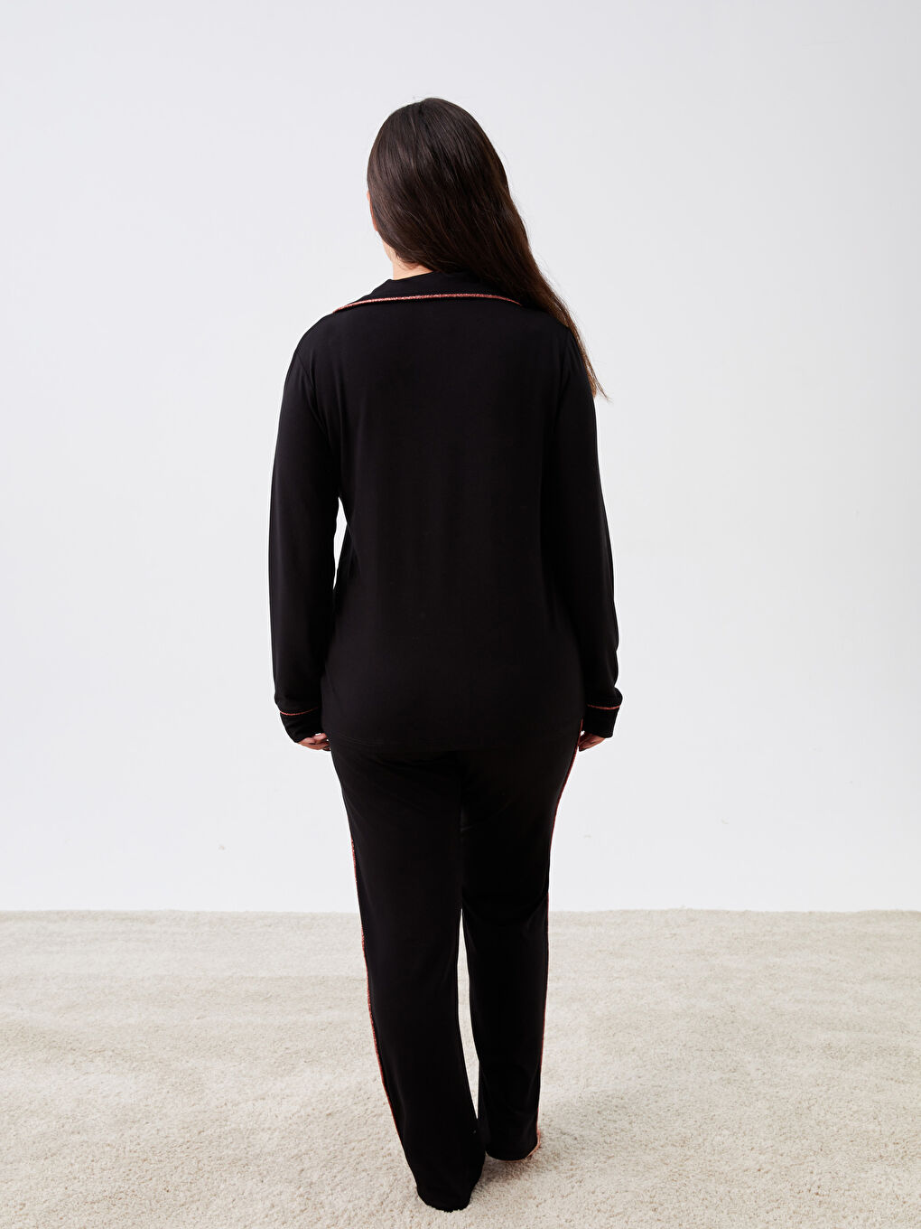 طقم بيجاما للسيدات بياقة قميص سادة بأكمام طويلة Petite-6