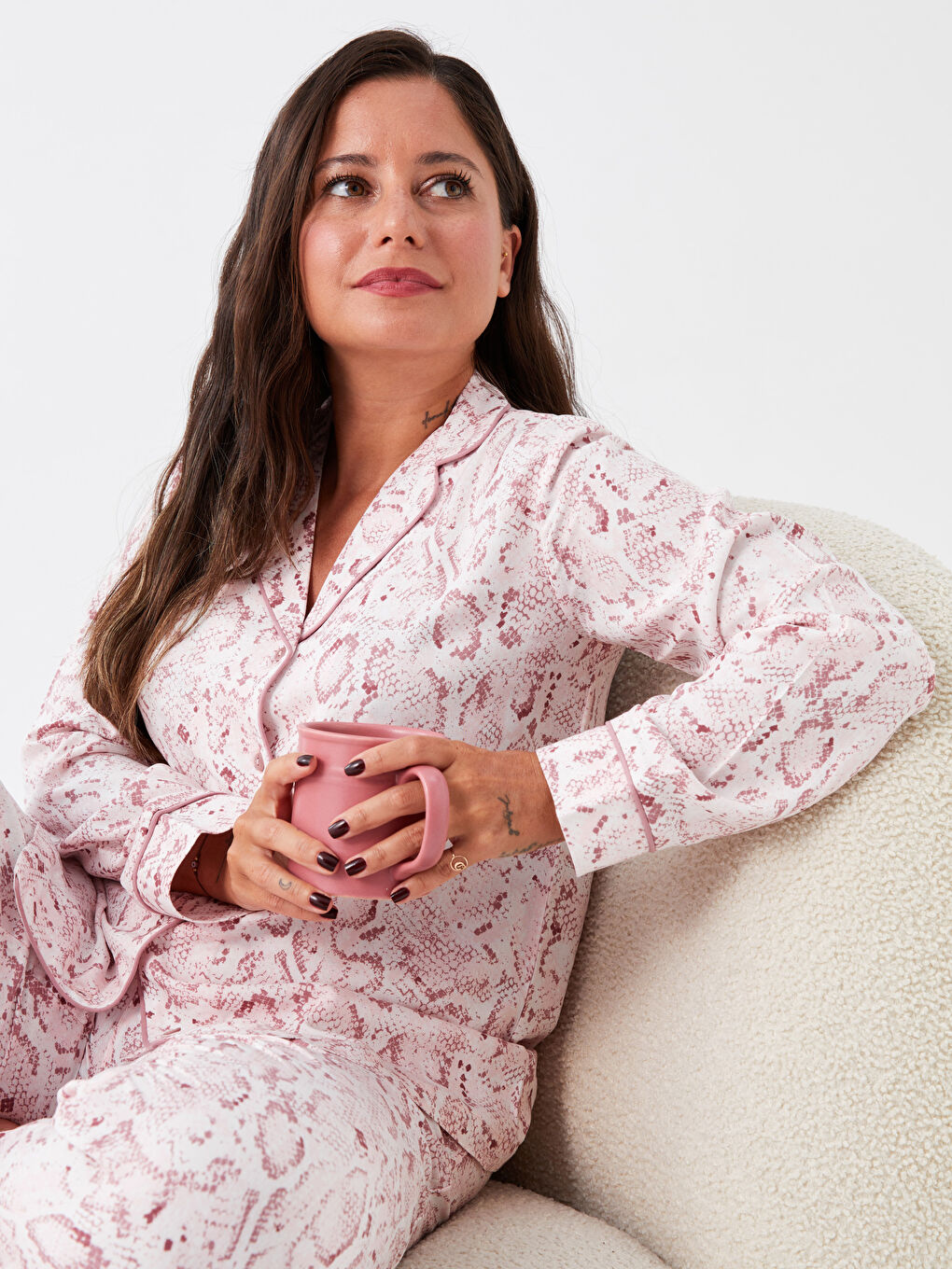 Ekru Petite Gömlek Yaka Desenli Uzun Kollu Kadın Pijama Takımı-1