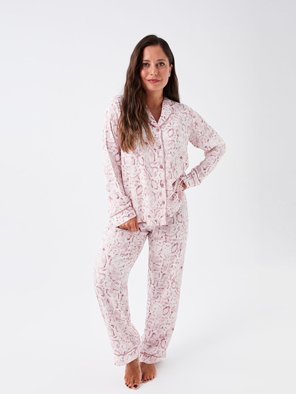 Ekru Petite Gömlek Yaka Desenli Uzun Kollu Kadın Pijama Takımı-3