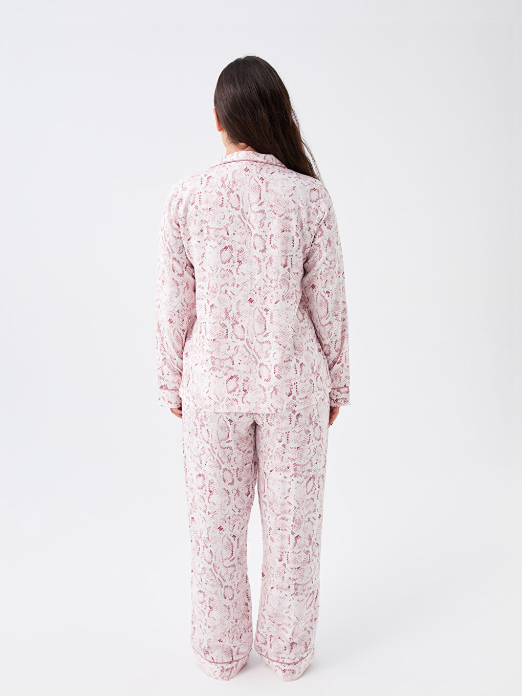 Ekru Petite Gömlek Yaka Desenli Uzun Kollu Kadın Pijama Takımı-5