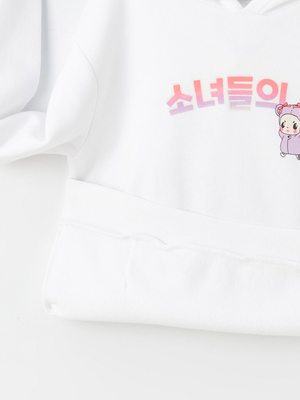 Beyaz Baskılı Uzun Kollu Kız Çocuk Hoodie-1