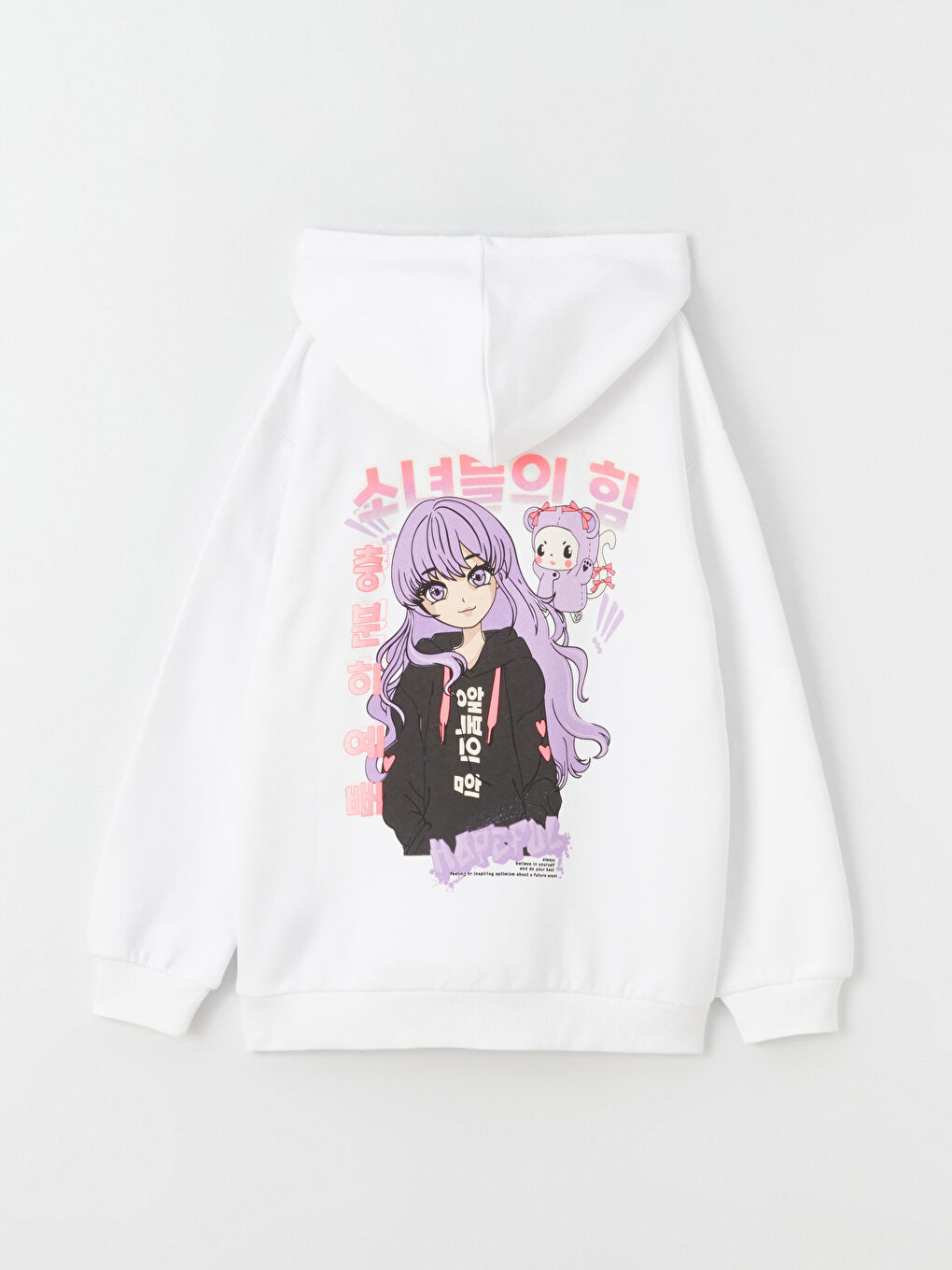 Beyaz Baskılı Uzun Kollu Kız Çocuk Hoodie-2