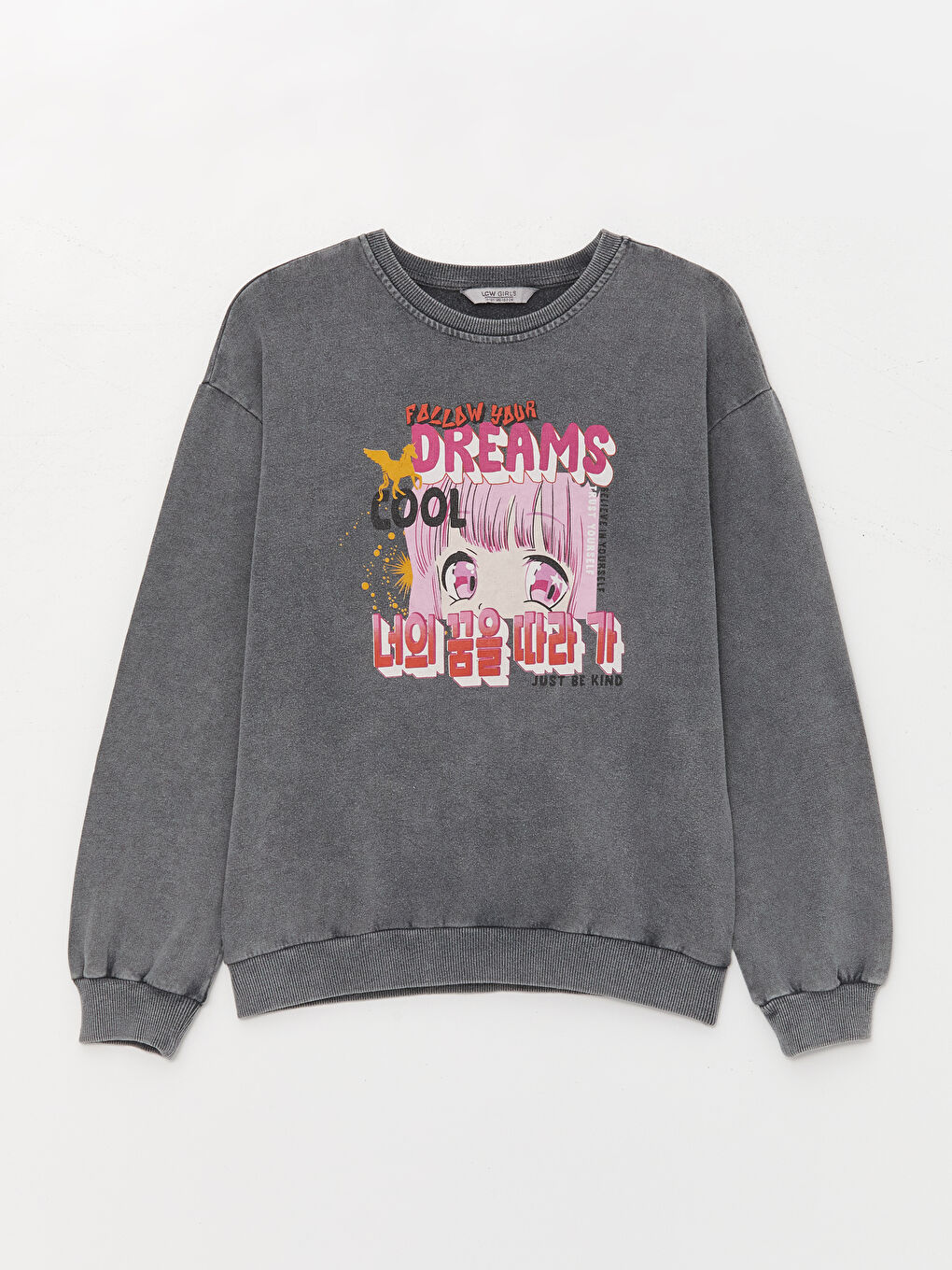 LCW Kids Asid Yıkamalı Bisiklet Yaka Baskılı Uzun Kollu Kız Çocuk Sweatshirt - 1