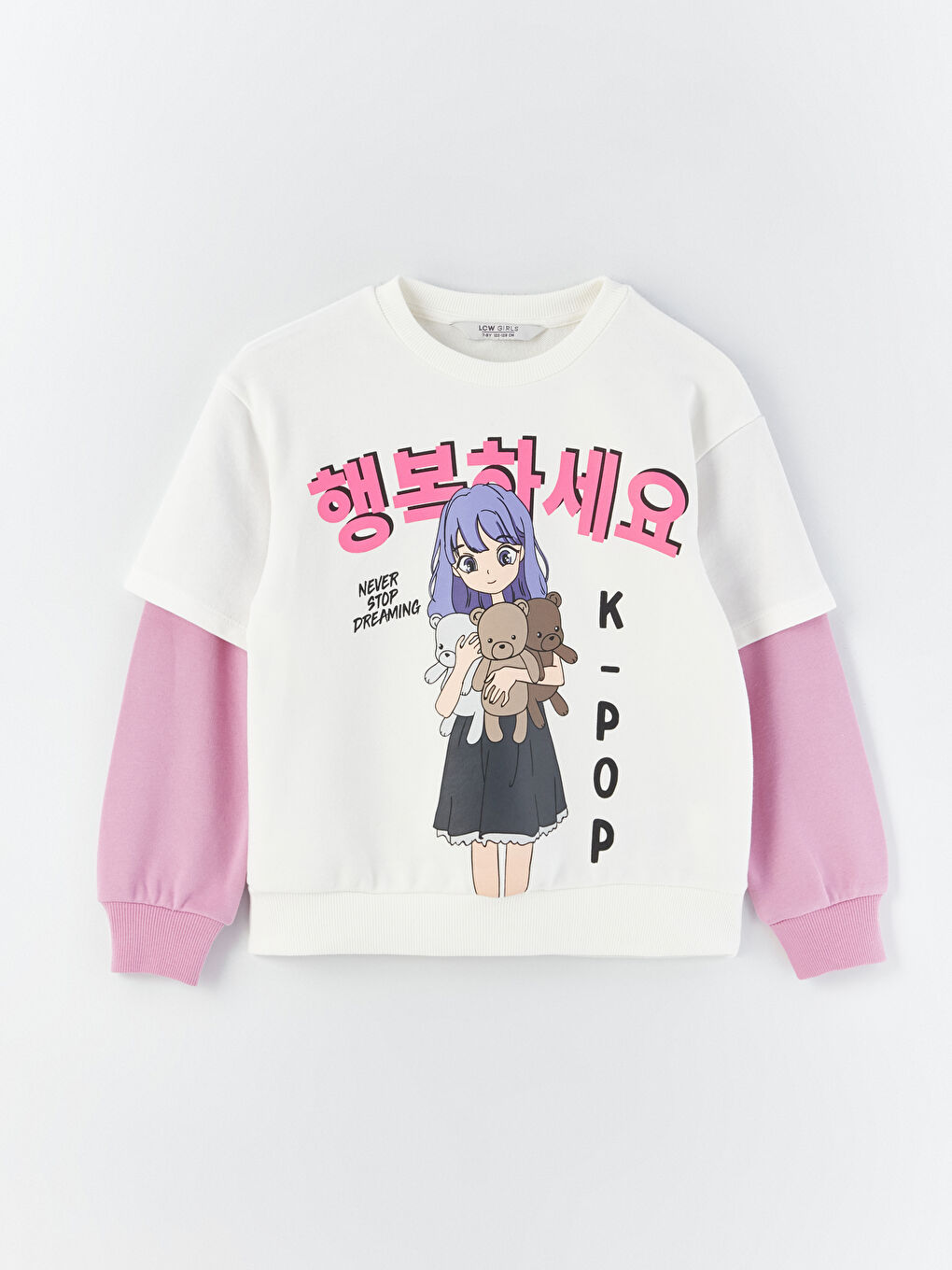 LCW Kids Optik Beyaz Bisiklet Yaka K-Pop Baskılı Uzun Kollu Kız Çocuk Sweatshirt