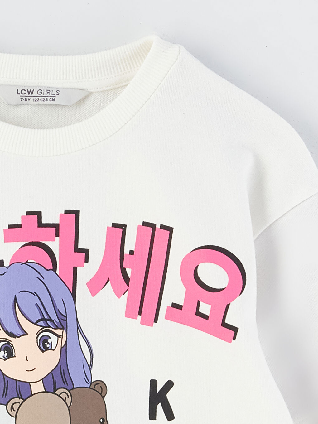 LCW Kids Optik Beyaz Bisiklet Yaka K-Pop Baskılı Uzun Kollu Kız Çocuk Sweatshirt - 1