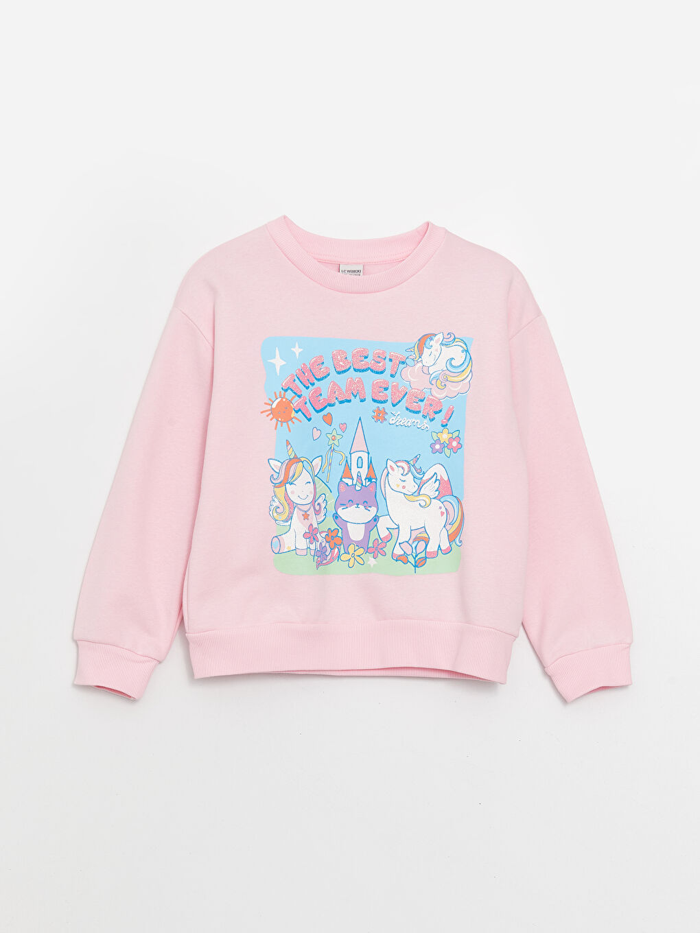 LCW Kids Pembe Bisiklet Yaka Baskılı Uzun Kollu Kız Çocuk Sweatshirt