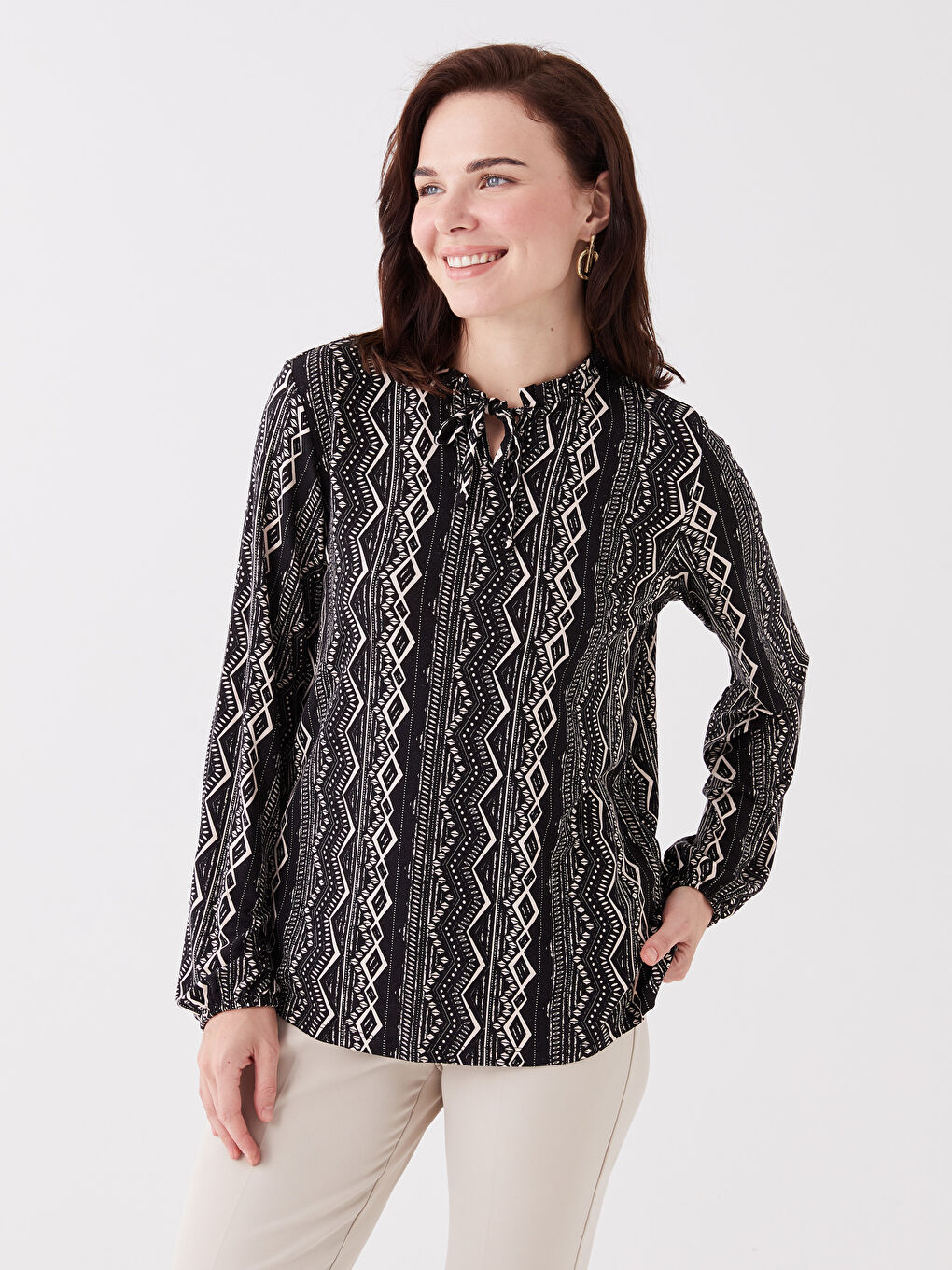 Tie Neck Patterned Long Sleeve Women's Blouse