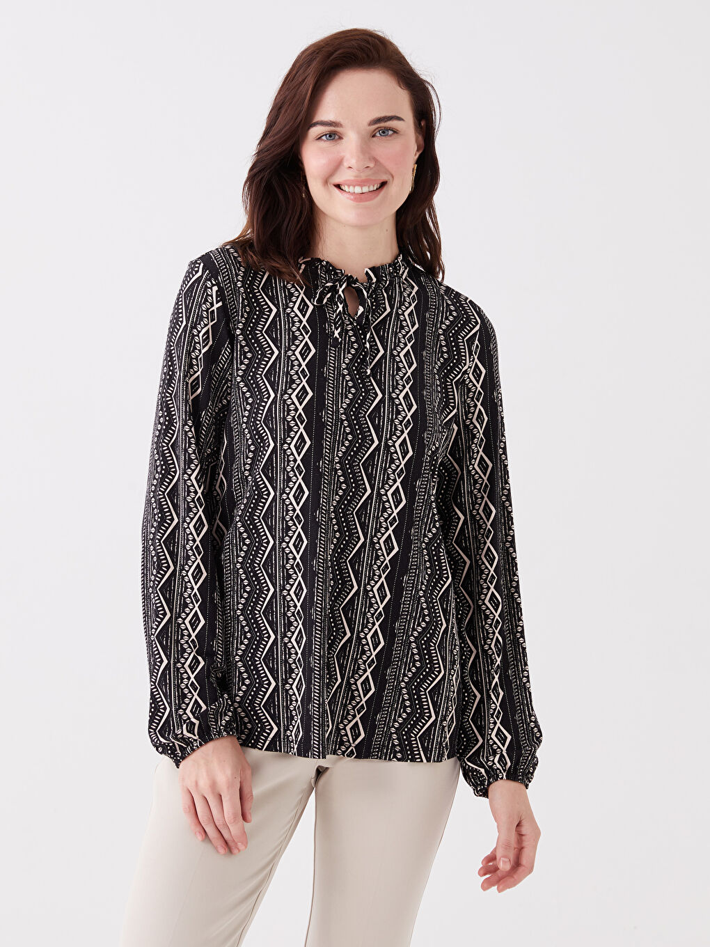 Tie Neck Patterned Long Sleeve Women's Blouse-1