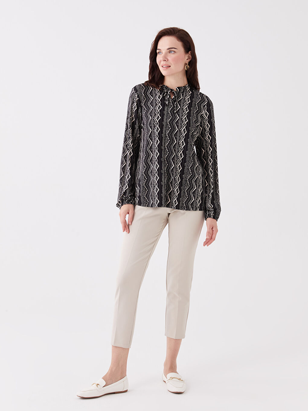 Tie Neck Patterned Long Sleeve Women's Blouse-2