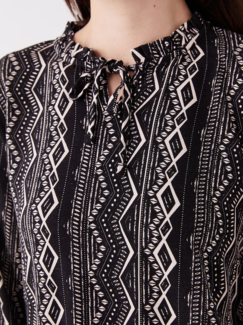 Tie Neck Patterned Long Sleeve Women's Blouse-3