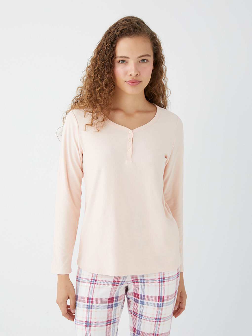 Ekru Bisiklet Yaka Düz Uzun Kollu Kadın Pijama Takımı-1