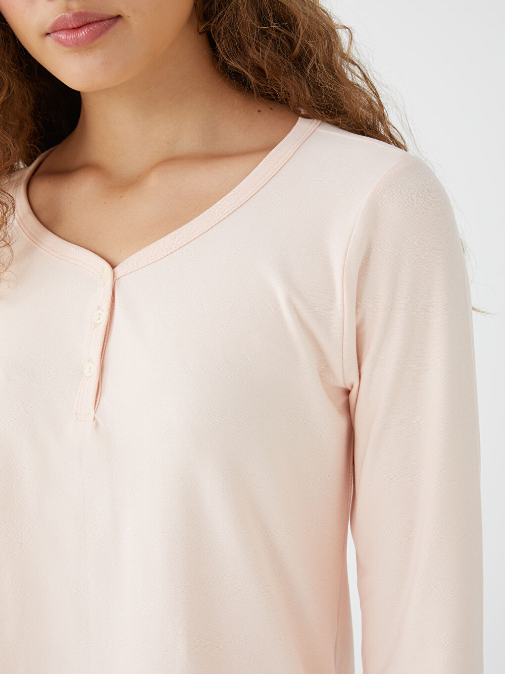 Ekru Bisiklet Yaka Düz Uzun Kollu Kadın Pijama Takımı-2