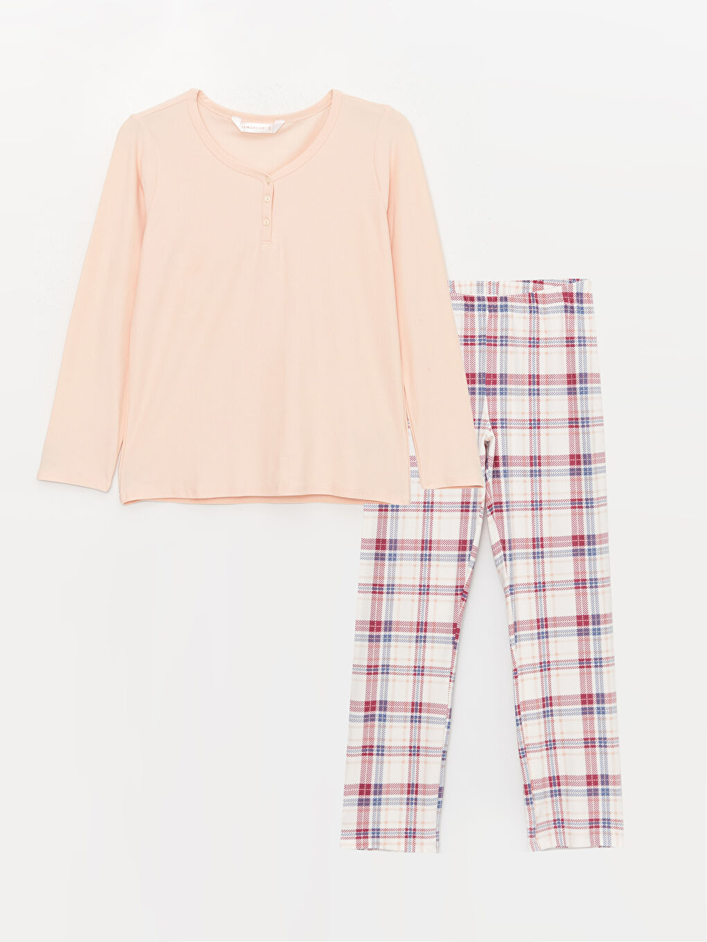 Ekru Bisiklet Yaka Düz Uzun Kollu Kadın Pijama Takımı-4