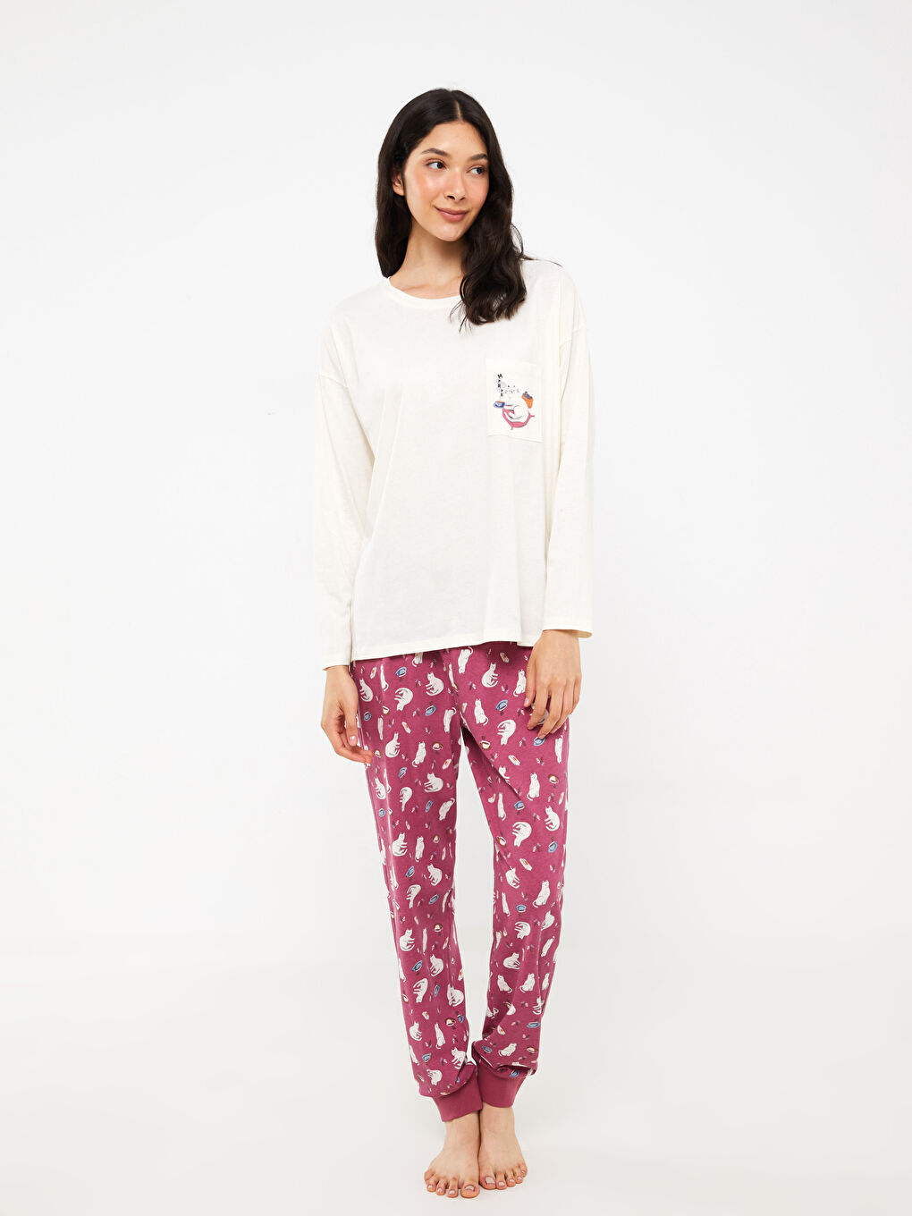 Pembe Bisiklet Yaka Baskılı Uzun Kollu Kadın Pijama Takımı