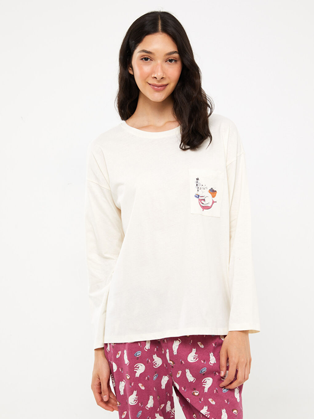 Pembe Bisiklet Yaka Baskılı Uzun Kollu Kadın Pijama Takımı-1