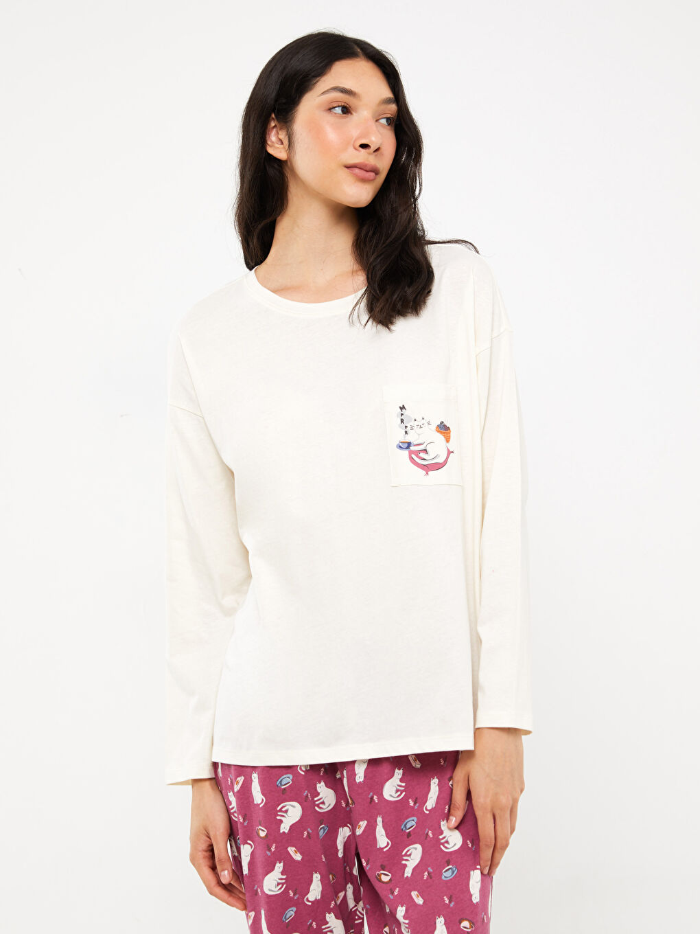 Pembe Bisiklet Yaka Baskılı Uzun Kollu Kadın Pijama Takımı-2