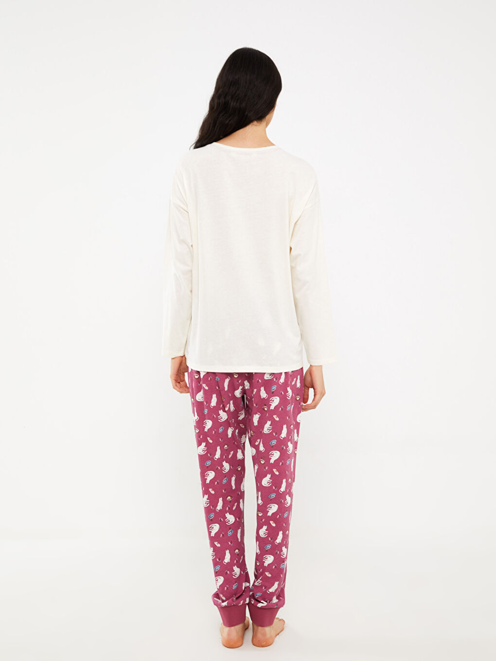 Pembe Bisiklet Yaka Baskılı Uzun Kollu Kadın Pijama Takımı-4