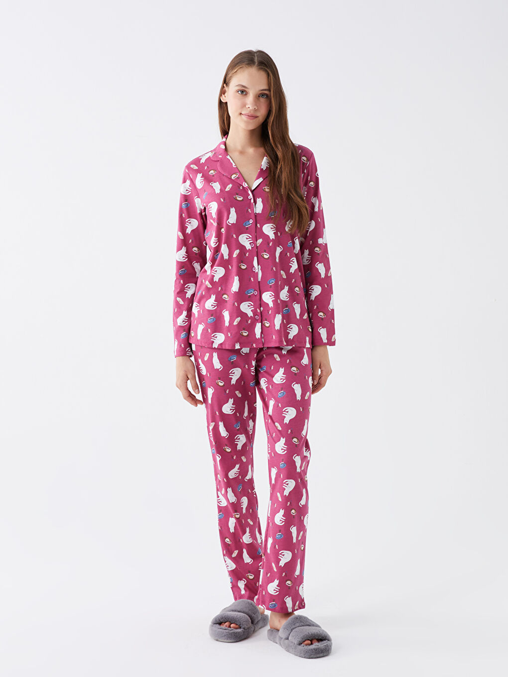 Pembe Gömlek Yaka Baskılı Uzun Kollu Kadın Pijama Takımı