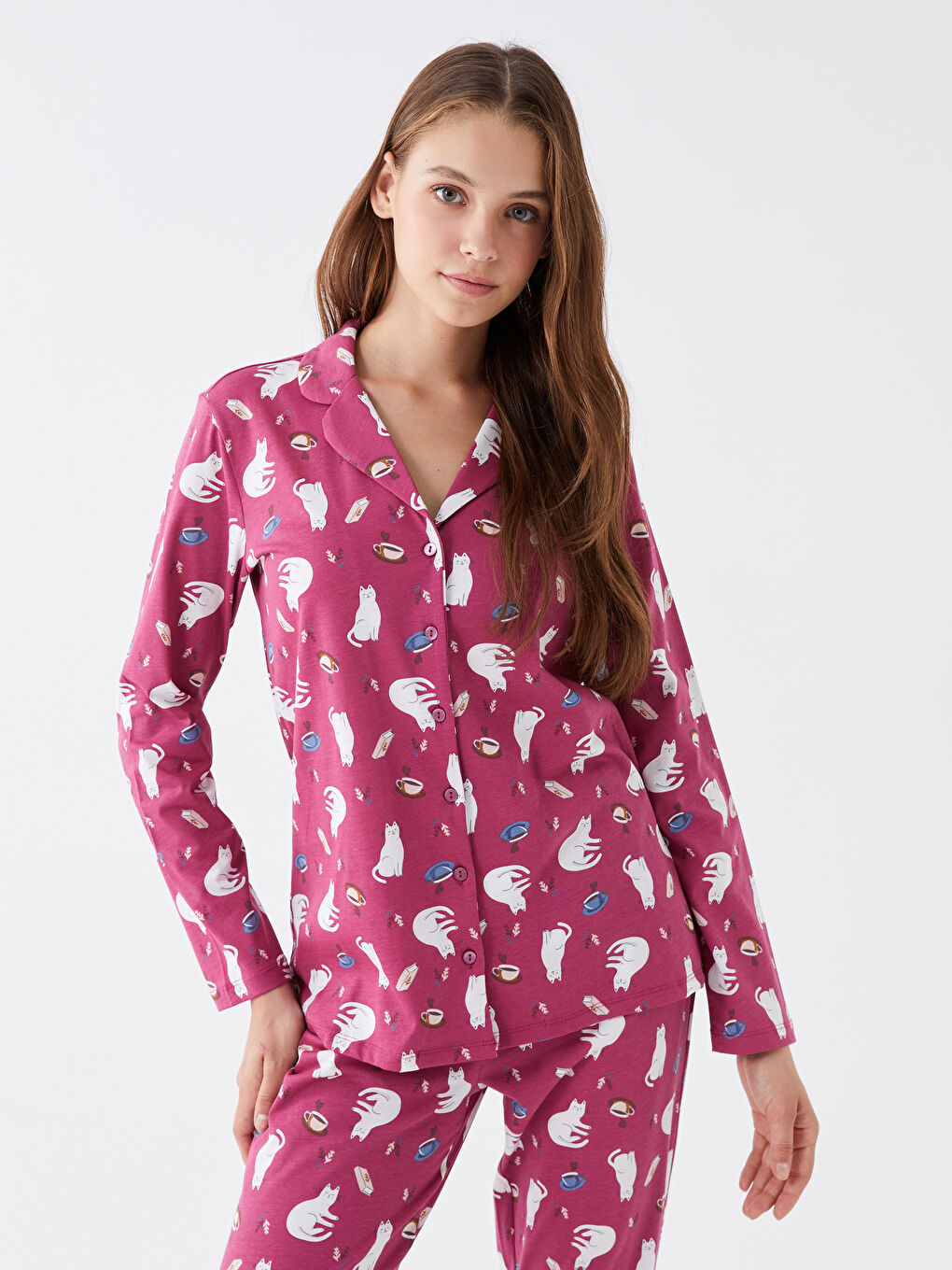 Pembe Gömlek Yaka Baskılı Uzun Kollu Kadın Pijama Takımı-2