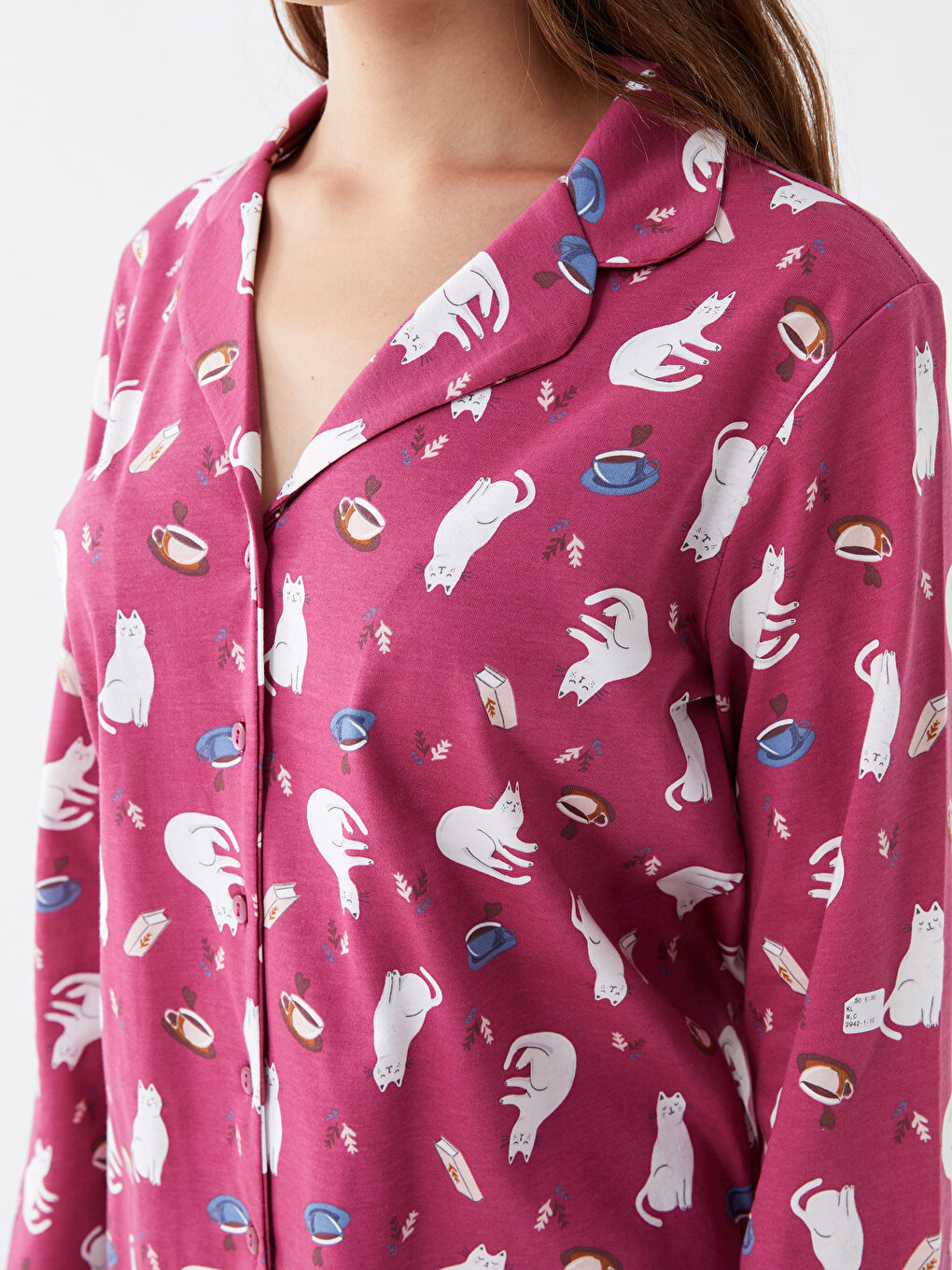 Pembe Gömlek Yaka Baskılı Uzun Kollu Kadın Pijama Takımı-3