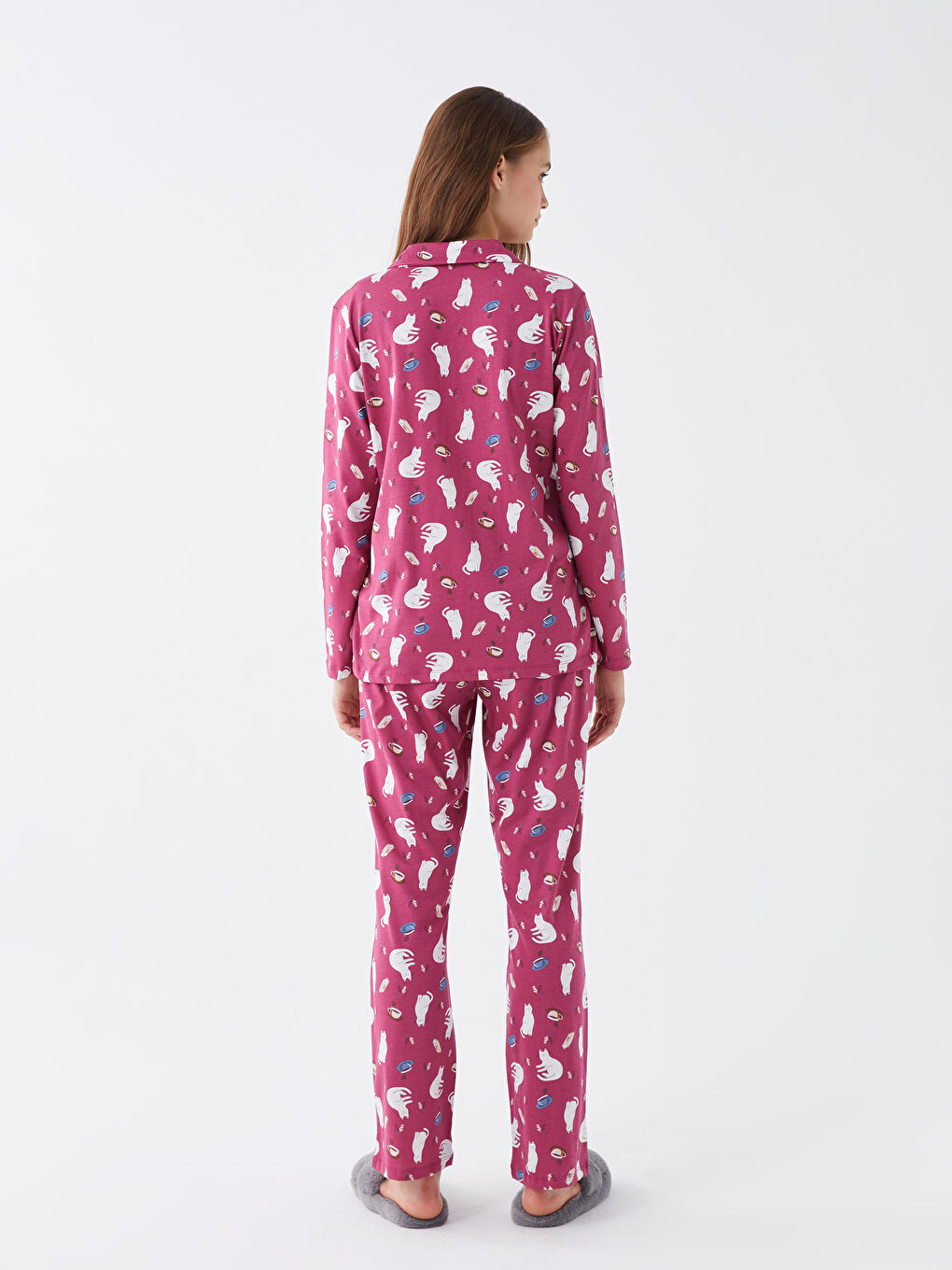Pembe Gömlek Yaka Baskılı Uzun Kollu Kadın Pijama Takımı-4