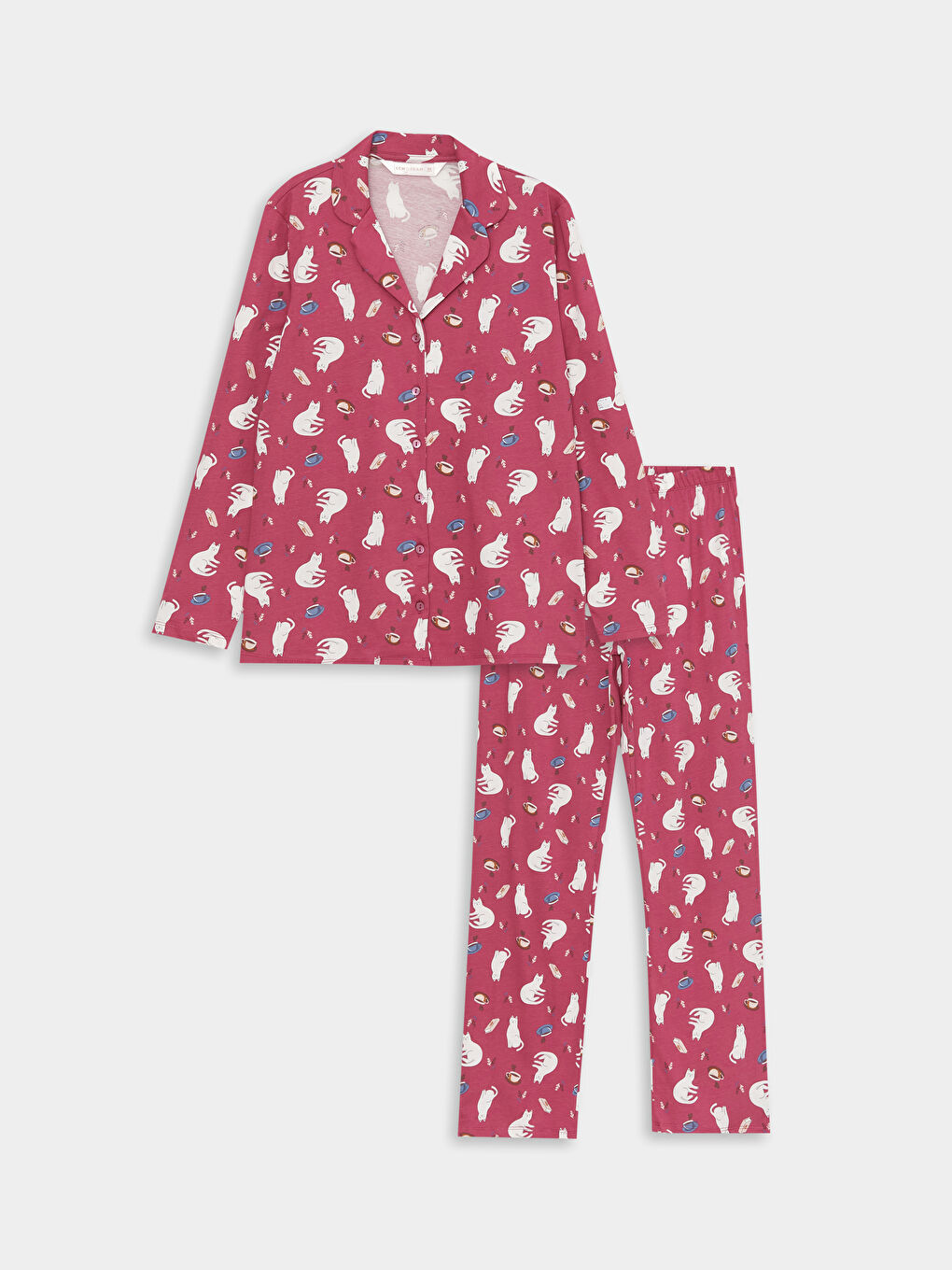 Pembe Gömlek Yaka Baskılı Uzun Kollu Kadın Pijama Takımı-5