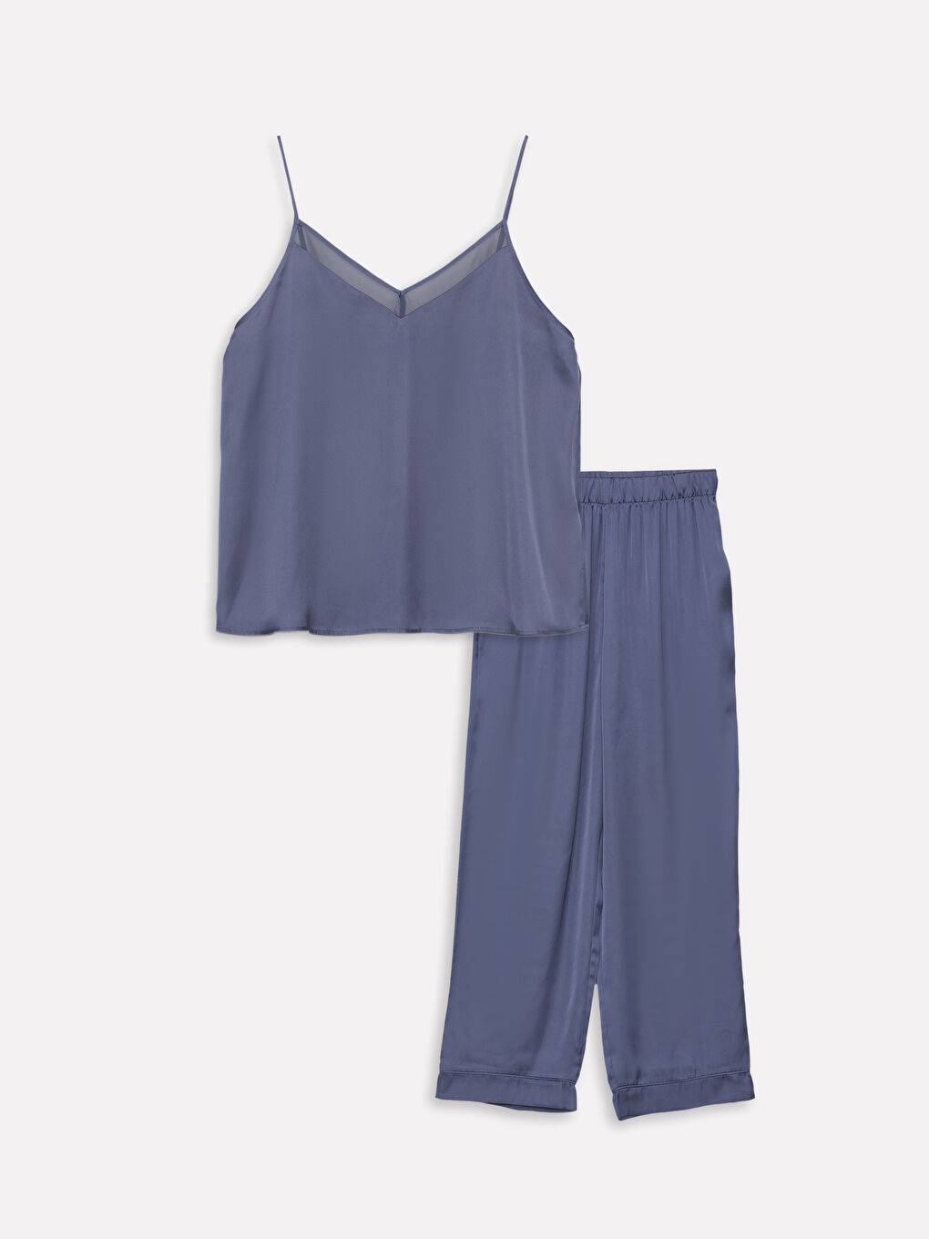 İndigo V Yaka Düz Askılı Saten Kadın Pijama Takımı-4