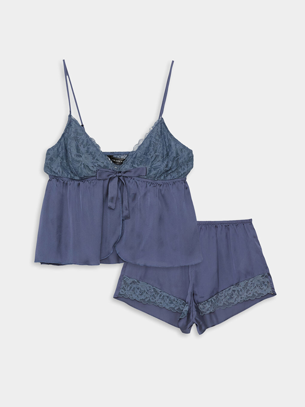 V-Neck Lace Detailed Strappy Satin Women's Short Pyjama Set