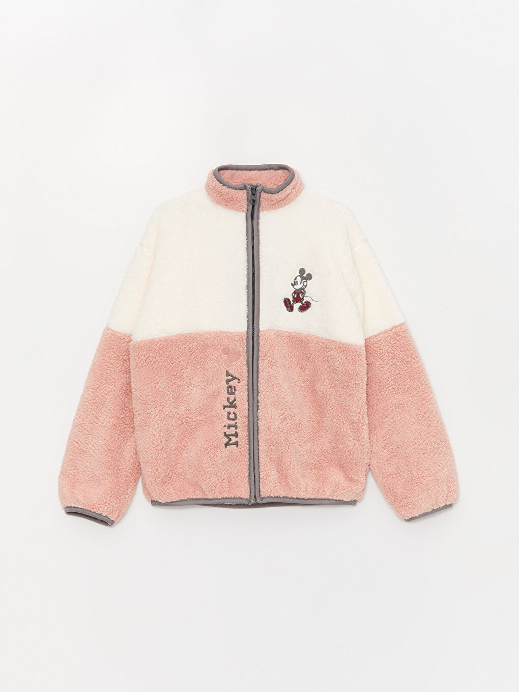 LCW Kids Pembe Dik Yaka Mickey Mouse Nakışlı Pelüş Kız Çocuk Fermuarlı Sweatshirt - 4