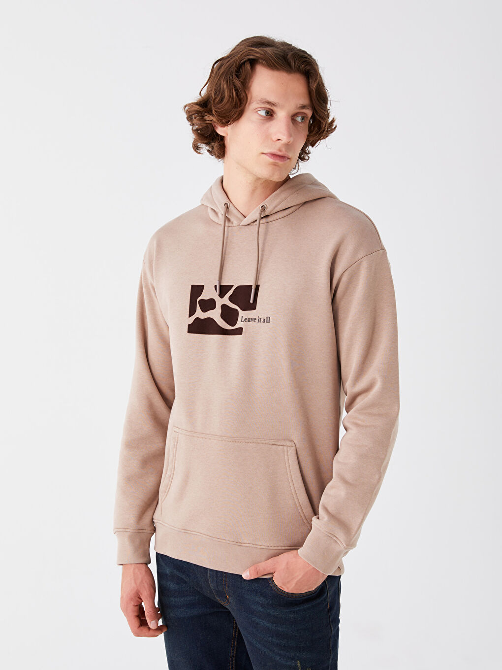 LCW Casual Kahverengi Uzun Kollu Baskılı Erkek Kalın Hoodie