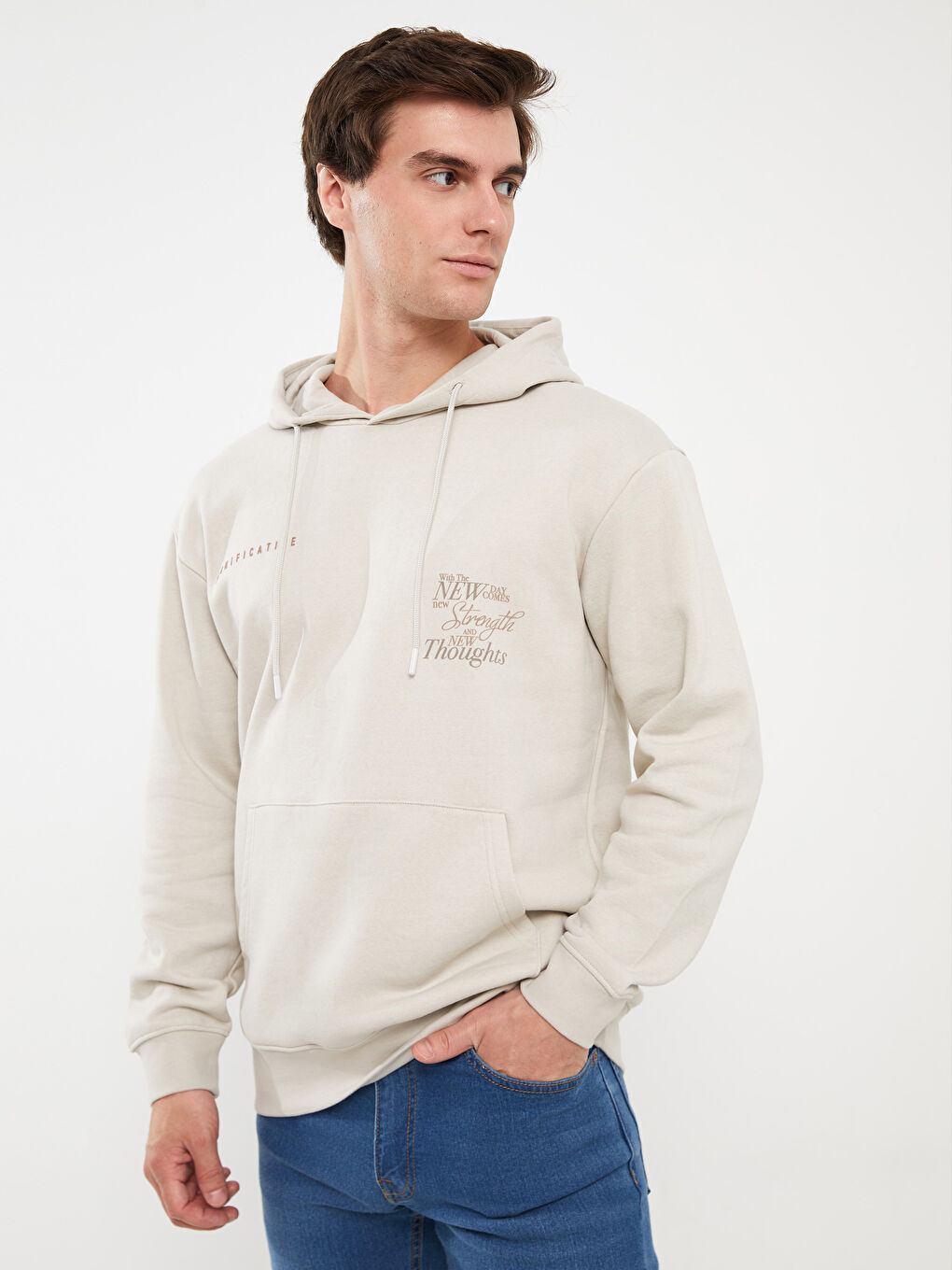 LCW Casual Açık Gri Baskılı Uzun Kollu Erkek Hoodie