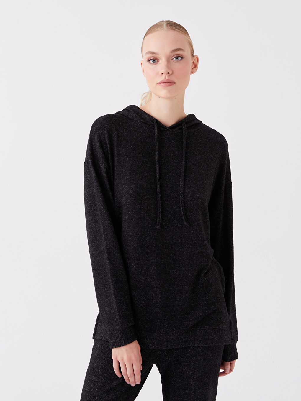 Siyah Düz Uzun Kollu Kadın Hoodie