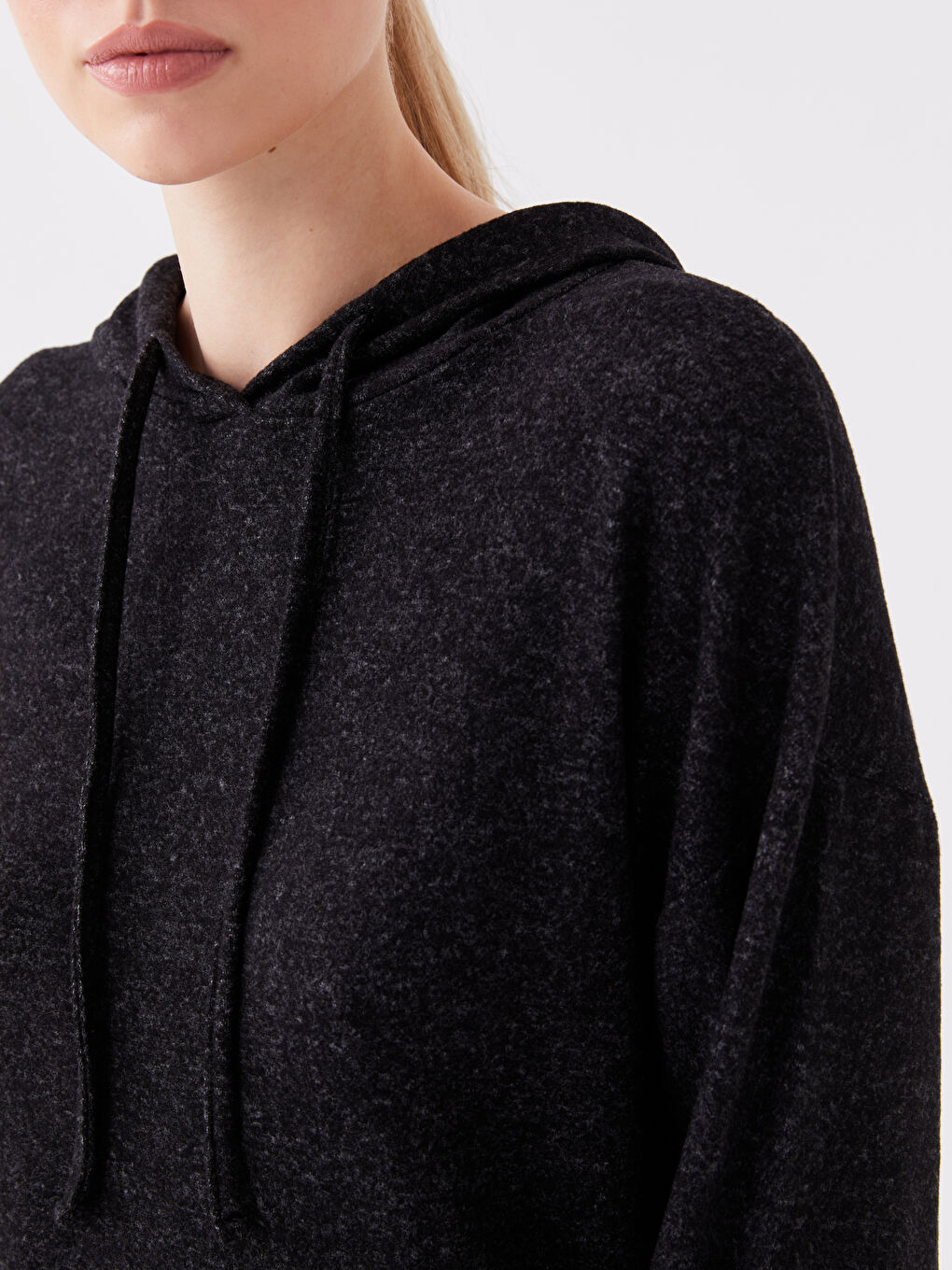Siyah Düz Uzun Kollu Kadın Hoodie-3
