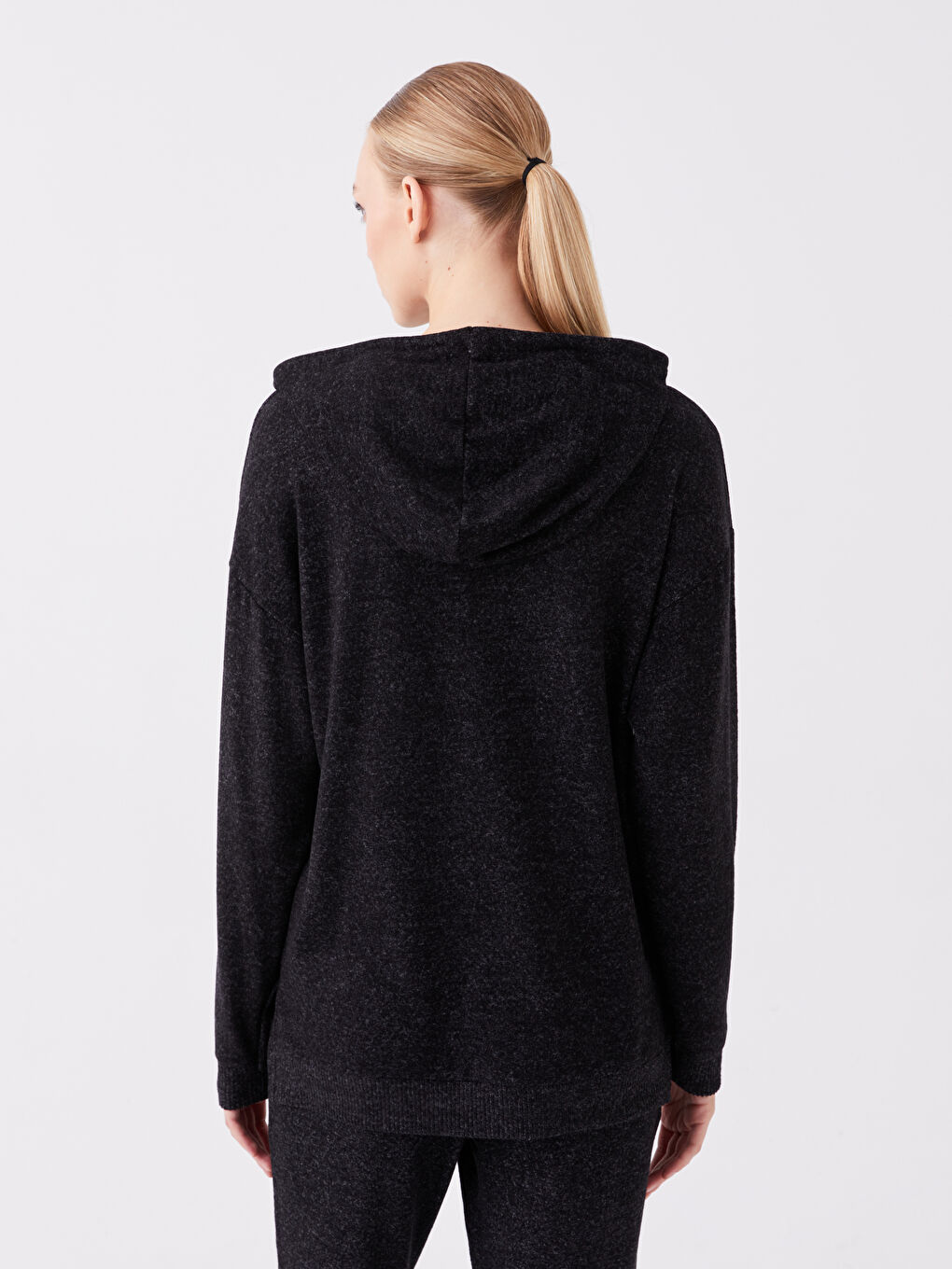 Siyah Düz Uzun Kollu Kadın Hoodie-4