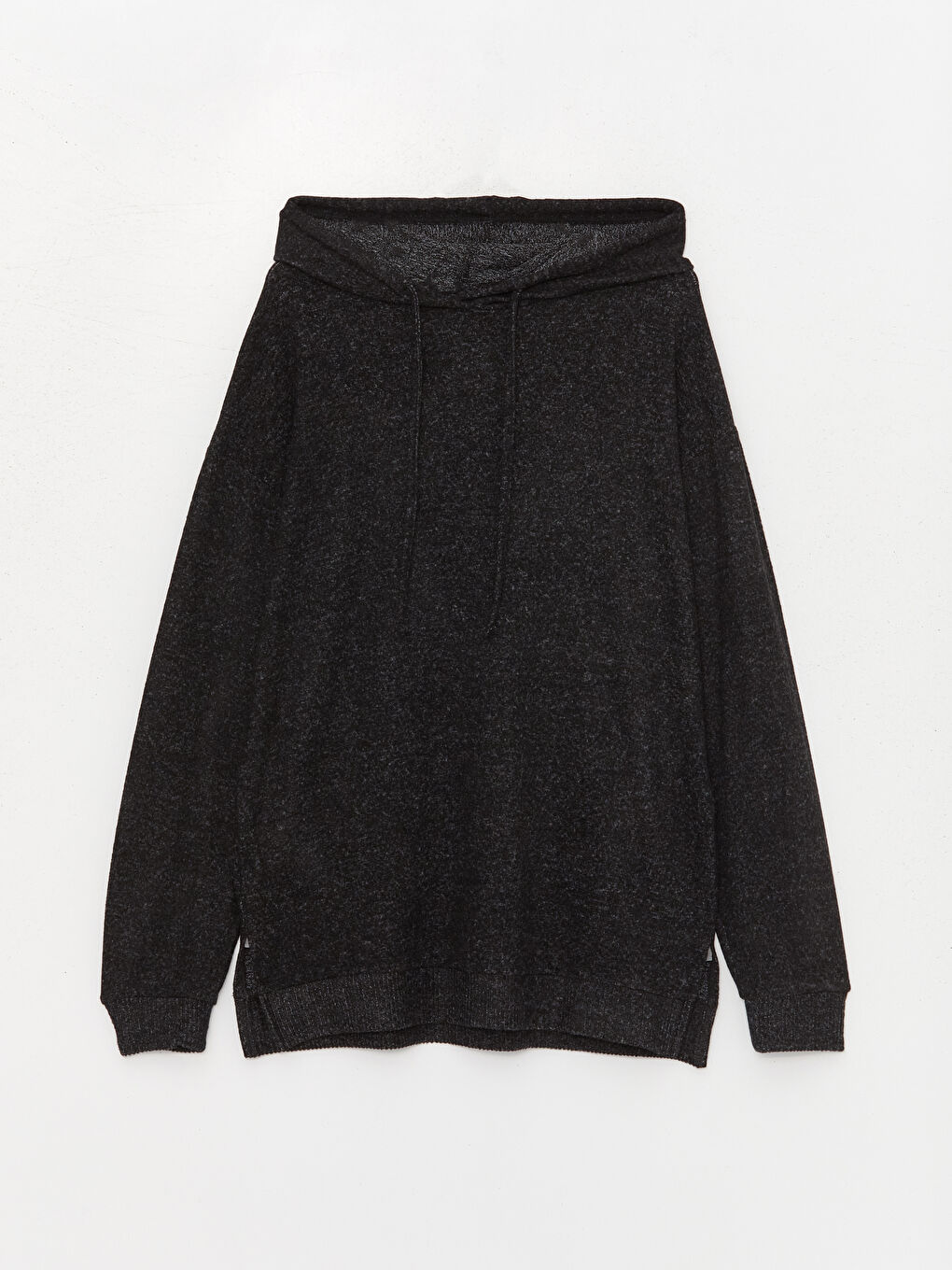 Siyah Düz Uzun Kollu Kadın Hoodie-5