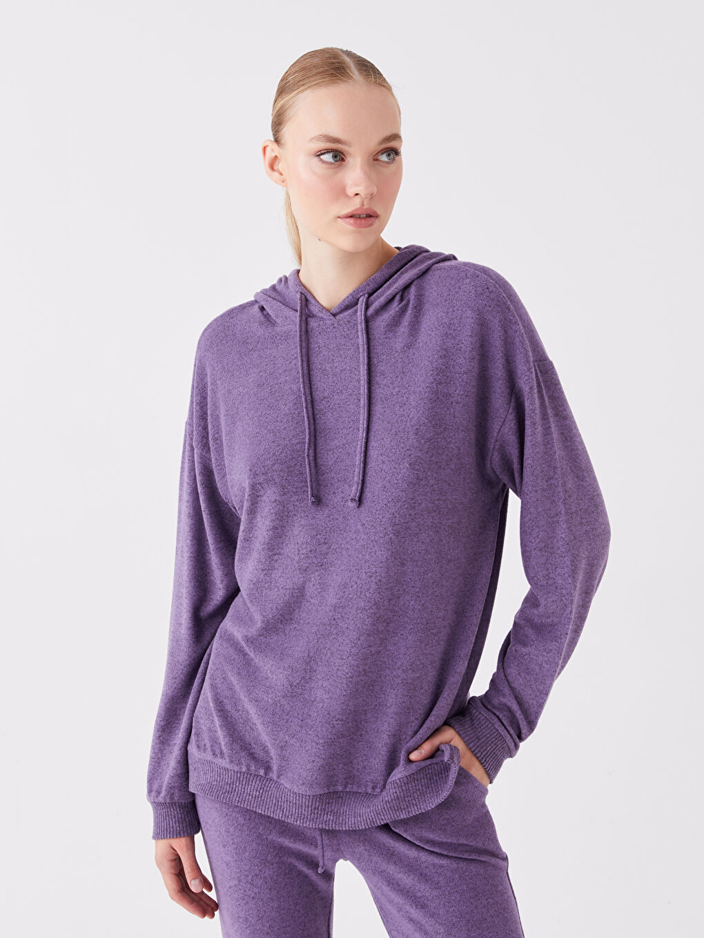 Lila Düz Uzun Kollu Kadın Hoodie