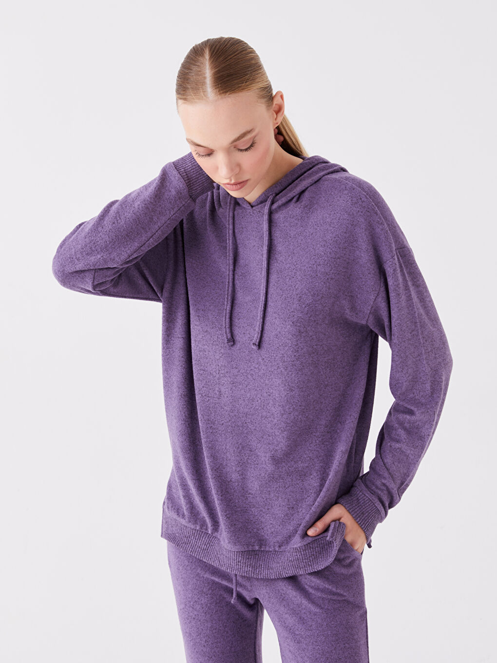Lila Düz Uzun Kollu Kadın Hoodie-1