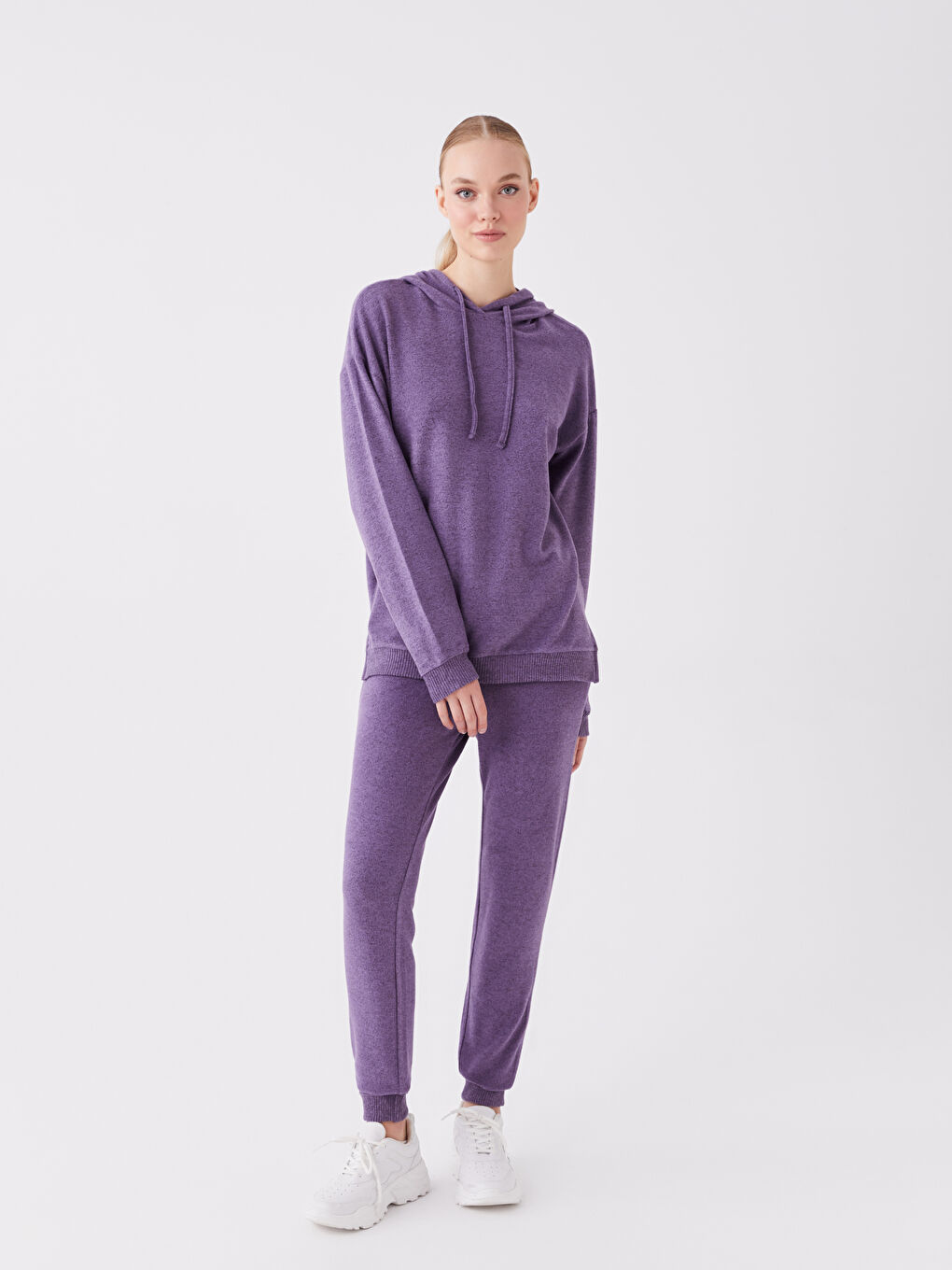 Lila Düz Uzun Kollu Kadın Hoodie-2