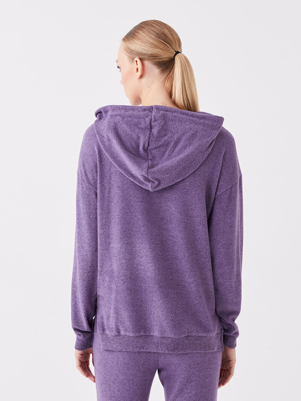 Lila Düz Uzun Kollu Kadın Hoodie-4