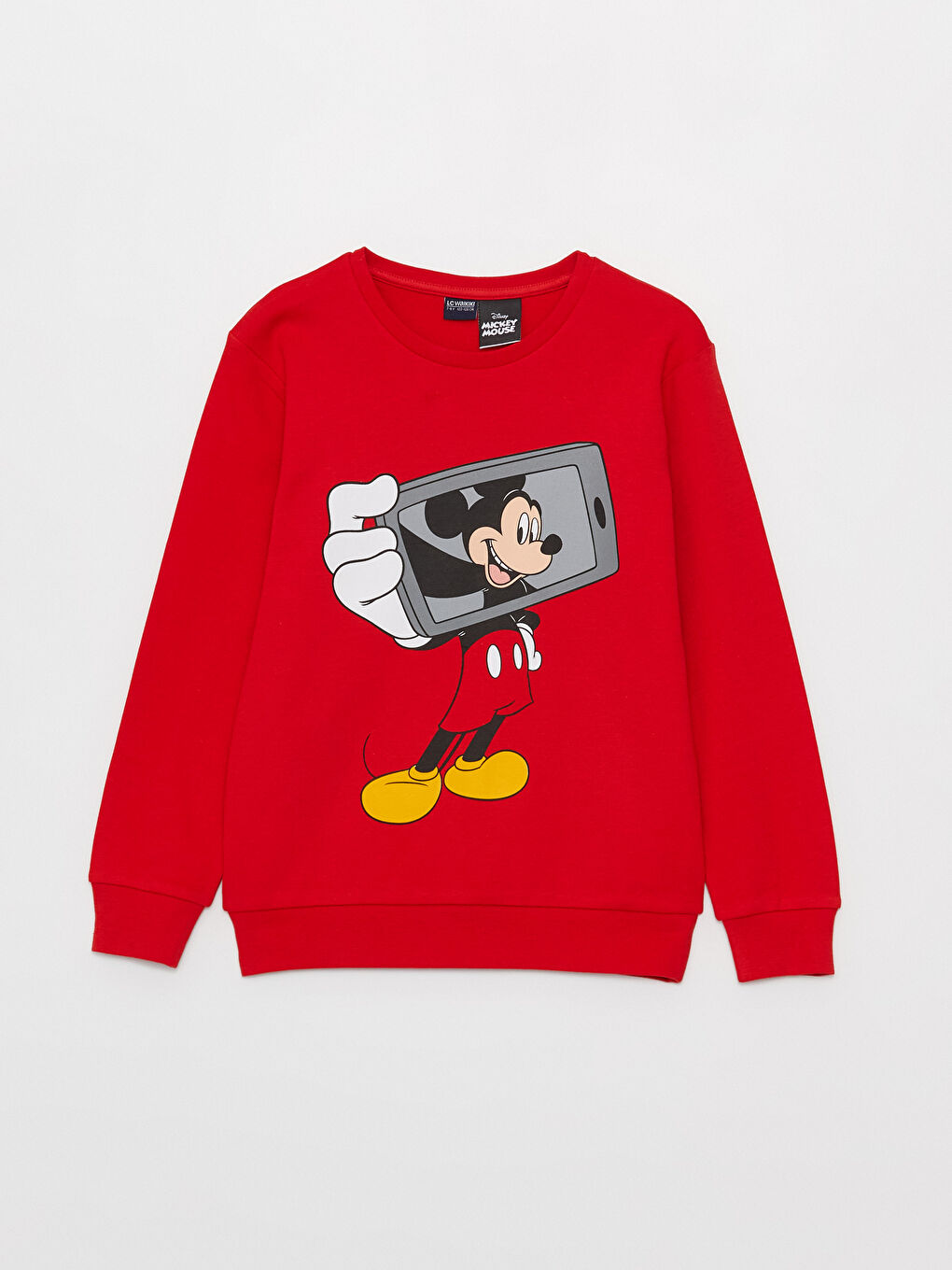 LCW Kids Kırmızı Bisiklet Yaka Mickey Mouse Baskılı Uzun Kollu Erkek Çocuk Tişört