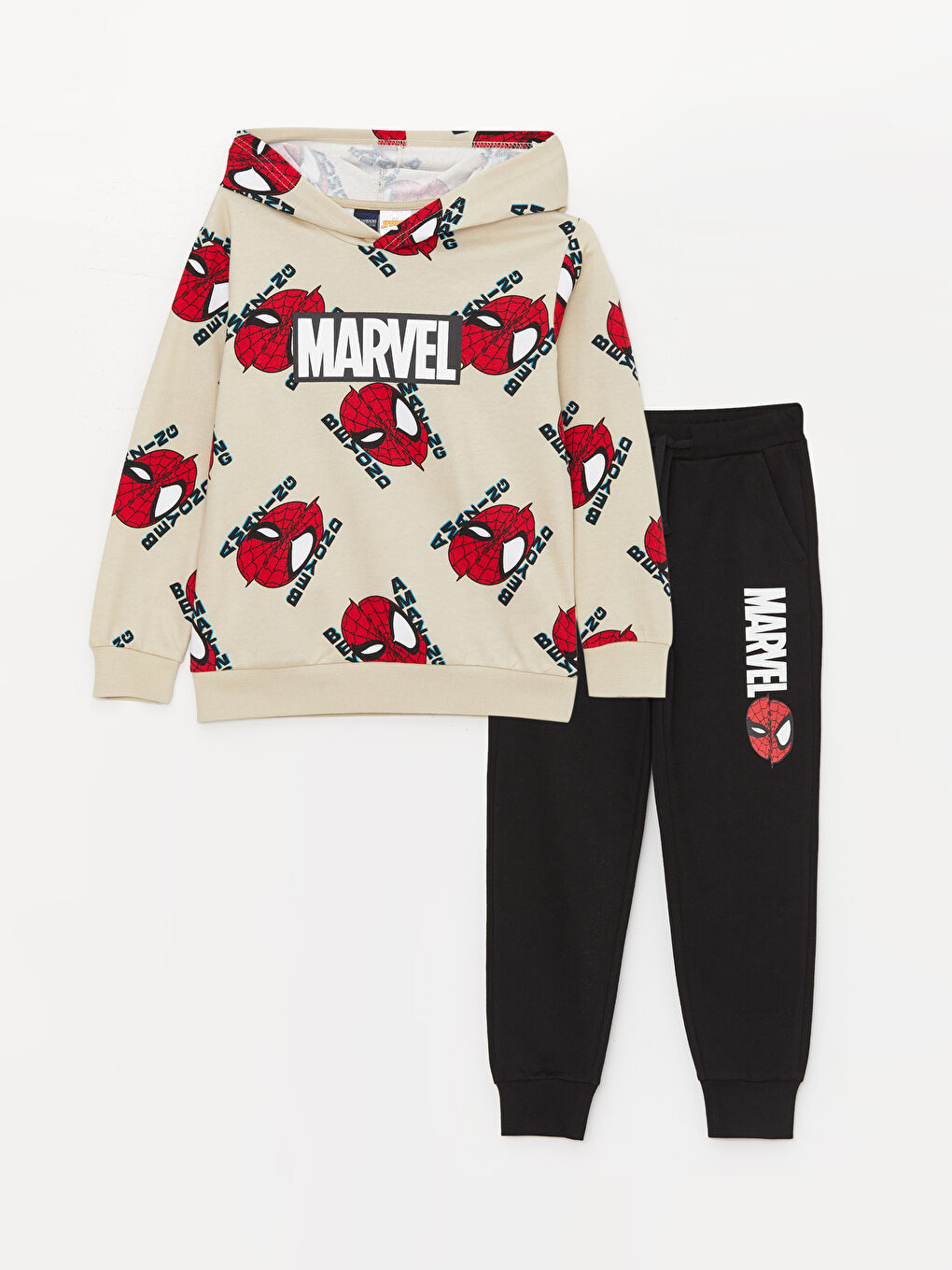 LCW Kids Bej Spiderman Baskılı Erkek Çocuk Hoodie ve Eşofman Altı