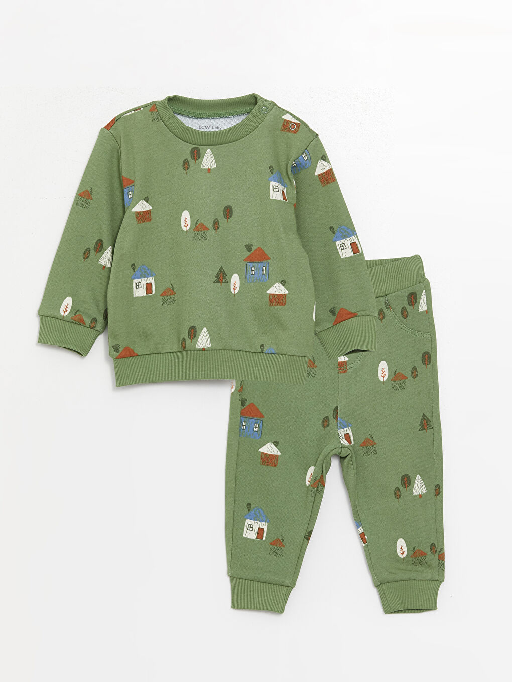 Yeşil Bisiklet Yaka Uzun Kollu Baskılı Erkek Bebek Sweatshirt ve Eşofman Alt 2'li Takım