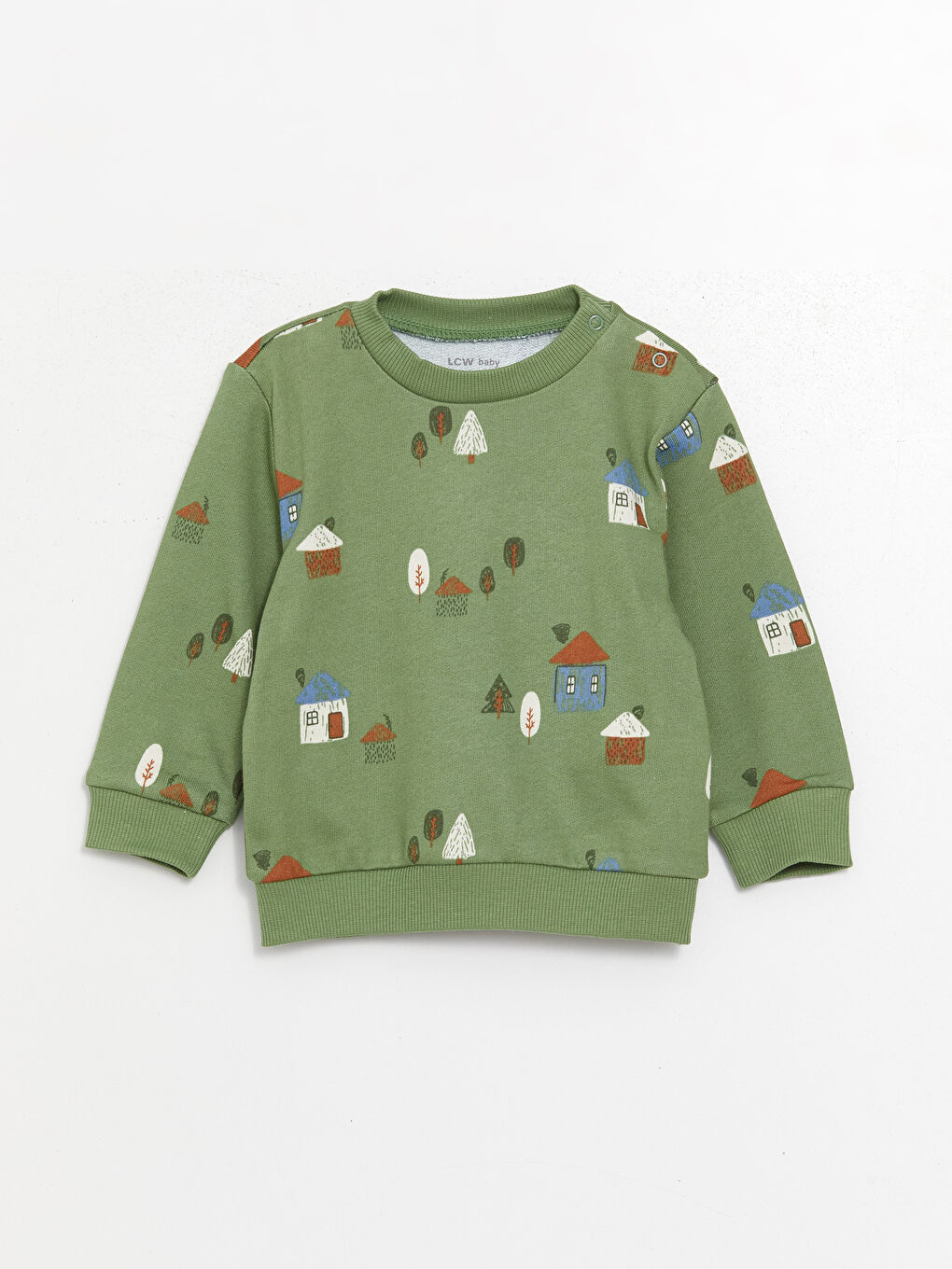 Yeşil Bisiklet Yaka Uzun Kollu Baskılı Erkek Bebek Sweatshirt ve Eşofman Alt 2'li Takım-1