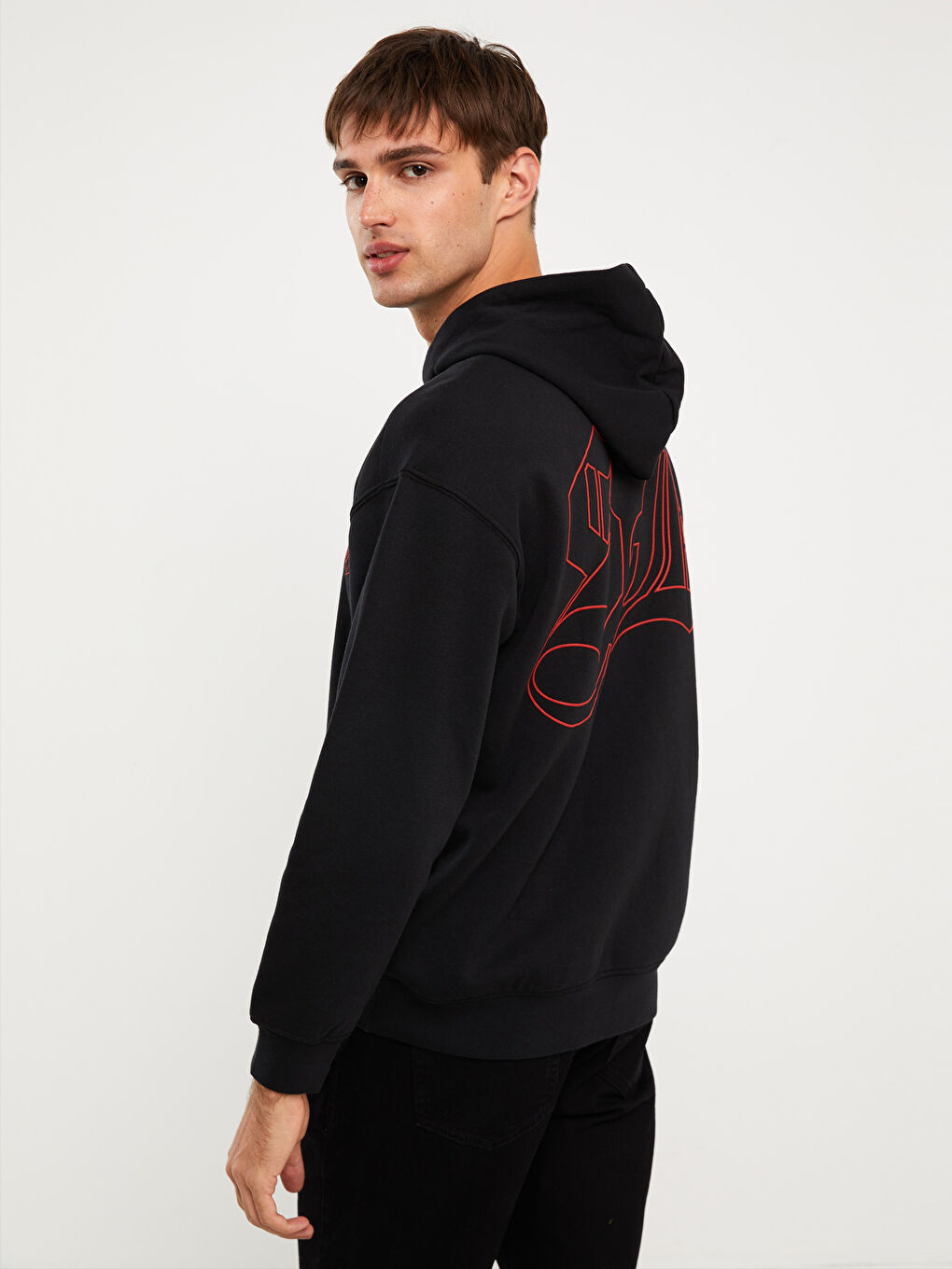 LCW Casual Siyah Uzun Kollu Baskılı Erkek Kalın Hoodie