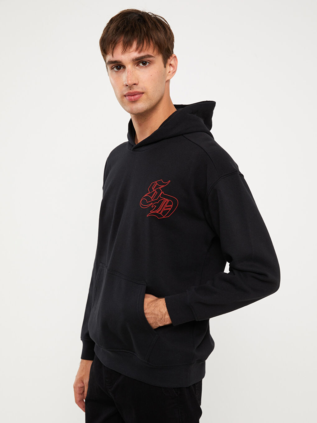 LCW Casual Siyah Uzun Kollu Baskılı Erkek Kalın Hoodie - 1