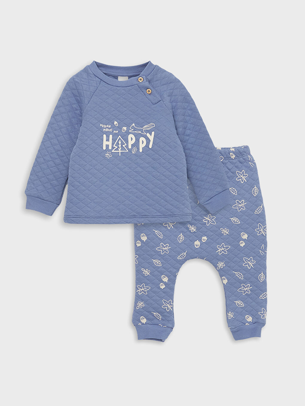 LCW baby Mat Mavi Bisiklet Yaka Uzun Kollu Baskılı Erkek Bebek Sweatshirt ve Pantolon 2'li Takım