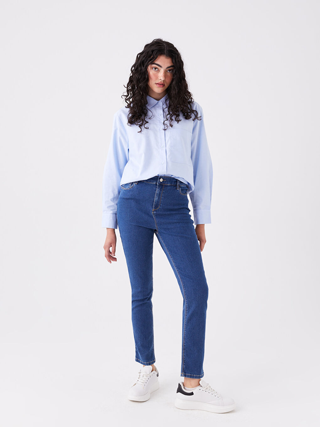 İndigo Beli Lastikli Slim Fit Kadın Jean Pantolon-1